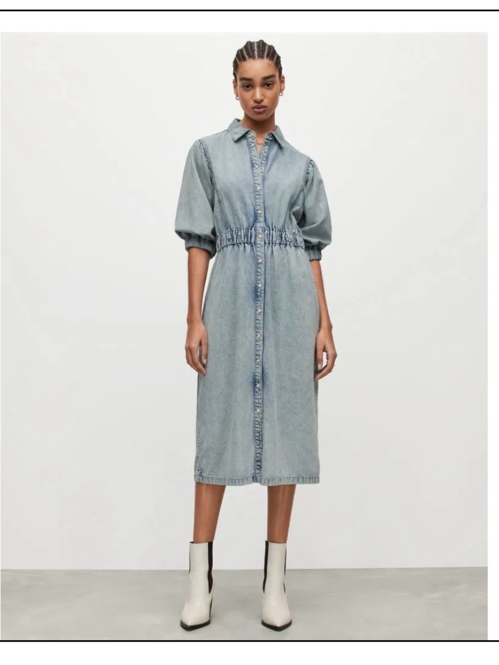 Denim Shirt Dress with Elastic Waist - Light Blue